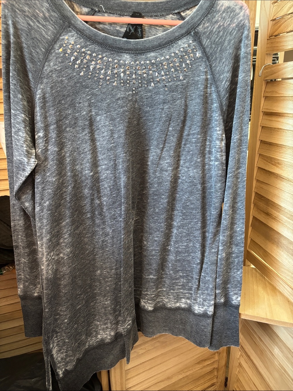 Women's Gray Embellished Long-Sleeve Burn Out Oversized Top Medium